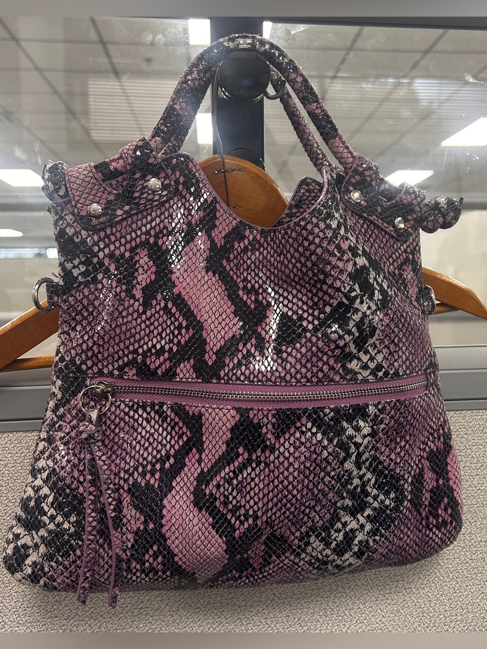 Y2k Purple Snake-Print Hand Bag with Front Zip Pocket Leather